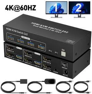 Dual Monitor HDMI KVM Switch 2 Monitors 2 Computers, 4K@60Hz HDMI KVM Switches for 2 Computers Sharing 2 Monitor Keyboard Mouse Printer,with EDID/HDCP Adaptive, 2 USB Cable & Desktop Controller