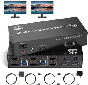HDMI KVM Switch 2 Monitors 2 Computers Support 8K@60Hz 4K@60Hz, Dual Monitor KVM Switcher PC Extended Display for 2 Ports PC Share 4 USB 3.0 Keyboard Mouse Printer with Desktop Controller