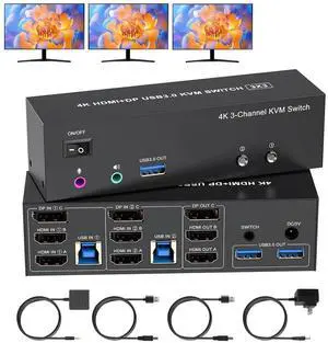 4K KVM Switch 3 Monitors 2 Computers Triple Monitor Displayport + 2 HDMI USB 3.0 KVM Switches 4K@60Hz,Support Extended/Mirror Mode Share 3 USB 3.0 Ports with Desktop Controller, Power Adapter