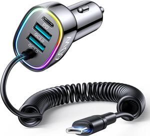 USB C Car Charger, 60W 4 Port Fast Car Charger [PD& QC3.0 Quick Charge] [Extendable Coiled Type C Cable] Multi Port Cigarette Lighter Adapter for i-Phone/Android Smartphones etc