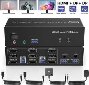 HDMI + 2 Displayport USB 3.0 KVM Switch Triple Monitor for 2 Computers, 4K@60Hz KVM Switch for 2 Computers 3 Monitors with Audio Microphone Output and 3 USB 3.0 Ports, Keyboard Mouse Switcher