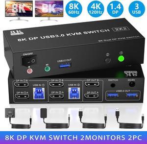 2 Port Displayport Dual Monitor KVM Switch, 8K@60Hz/4K@144Hz DP 1.4 USB 3.0 KVM Switcher for 2 Computers Share 2 Monitors and 3 USB Devices with Audio Microphone, Support Extended & Mirror Mode