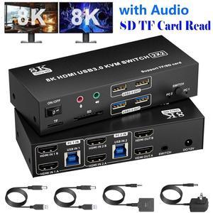 HDMI KVM Switch 2 Monitors 2 Computers, 8K@60Hz HDMI 2.1 Dual Monitor KVM with 4 USB 3.0 Ports, TF/SD Card Reader, Audio Microphone Jacks, EDID/HDCP Adaptive for Gaming/Streaming/Stock Trading