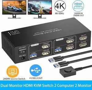Dual Monitor HDMI KVM Switch 2 Monitors 2 Computers, 2 Ports HDMI 4K@60Hz HDMI KVM Switches for 2 PC or 2 Laptops Share Dual Monitors and 4 USB 3.0 Ports Support Extended Mode & Copy Mode