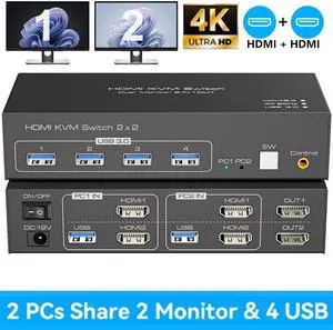 HDMI KVM Switch 2 Monitors 2 Computers, 4K60Hz 2 Ports Dual Monitor HDMI USB KVM Switches for 2 PC or Laptops Share 1 set of Keyboard Mouse Printer, Wired Controller and Power Adapter Included HDMI KVM Switch 2 Monitors 2 Computers, 4K60Hz 2 Ports Dual Monitor HDMI USB KVM Switches for 2 PC or Laptops Share 1 set of Keyboard Mouse Printer, Wired Controller and Power Adapter Included