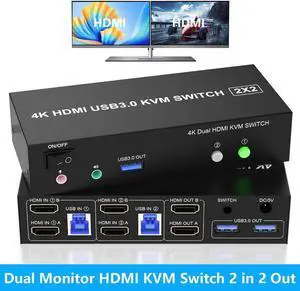 HDMI Dual Monitor KVM Switch 2 Computers 2 Monitors Support 4K@60Hz, EDID Emulators USB 3.0 HDMI KVM Switcher for 2 Computers Share 2 Monitors and 3 USB 3.0 Ports with Audio Microphone
