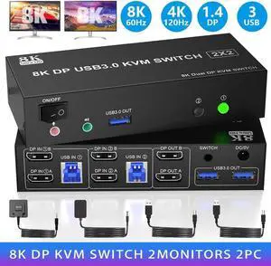 2 Port Displayport Dual Monitor KVM Switch, 8K@60Hz/4K@144Hz DP 1.4 USB 3.0 KVM Switcher for 2 Computers Share 2 Monitors and 3 USB Devices with Audio Microphone, Support Extended & Mirror Mode