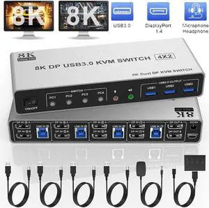 Displayport USB 3.0 KVM Switch 2 Monitors for 4 Computers 8K@60Hz 4K@144Hz, 4 Port DP1.4 Dual Monitor Displayport KVM Switch with Audio Output and 3 USB 3.0, 8K DP Monitor Switch for 4PCs
