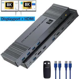4K120Hz KVM Switch 2 Monitors 2 Computers, 8K@60Hz HDMI DisplayPort Dual Monitor KVM Switch with 4 USB3.0 Port Share Keyboard Mouse,Support Extended/Copy Mode with 2 USB3.0 Cable and Controller