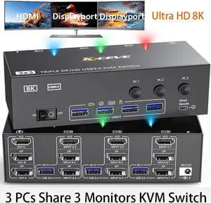 KVM Switch 3 Monitors 3 Computers 8K@60Hz 4K@144Hz, HDMI + 2 Displayport KVM Switch Triple Monitor for 3 Computer Share 3 Monitors and 4 USB3.0 Devices, with Wired Remote and 12V power Adapter