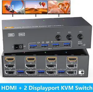 Triple Monitor HDMI+DP+DP KVM Switch 3 Monitors 3 Computers 4K@144Hz 8K@60Hz, 2 Displayport + HDMI USB 3.0 KVM Switches with 4 USB 3.0 Port, Wired Remote,Power Adapter & USB 3.0 Cables Included