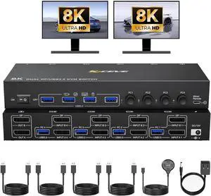Dual Monitor Displayport KVM Switch 2 Monitors 4 Computers, 4 Port Displayport USB 3.0 DP1.4 Dual Monitor KVM Switcher 8K@30Hz/4K@144Hz 4 in 2 Out Keyboard Mouse Switches, with Wired Remote