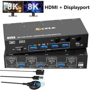 KVM Switch 2 Monitors 3 Computers Displayport and HDMI Support 4K@144Hz,8K@60Hz Dual Monitor USB 3.0 Switcher with 4 USB 3.0 Ports for Keyboard,Mouse Wired Remote, Adapter & USB Cables Included