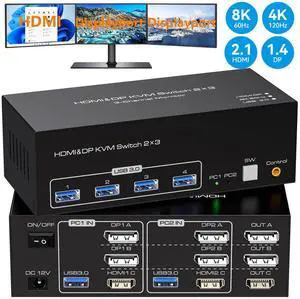 8K HDMI + 2 Displayport KVM Switch 3 Monitors 2 Computers, DP 1.4 8K@60Hz 4K@120Hz Display Port for Two PC Share Triple Monitor and 4 USB 3.0 Peripherals Support Extended and Duplicate Mode