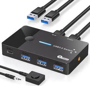 USB 3.0 Switch 2 Computers Sharing USB C & A Devices, 4 Port USB Switcher Sharing Keyboard and Mouse, Printer/Scanner USB Switch Hub for 2 Computers with 2 USB3.0 Cables and Desktop Controller