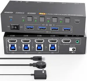 KVM Switch HDMI 8K@60Hz/2K@120Hz, 4 in 1 Out HDMI KVM Switch for 4 Computers that Share 1 Monitor and 4 USB 3.0 Devices, Supports EDID, with 3.5mm Audio, Wired Remote and USB Cable Included
