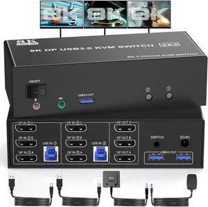 8K@60Hz Displayport Triple Monitors KVM Switch 4K@144Hz, DP 1.4 USB 3.0 KVM Switch 2 PC 3 Monitors, DP KVM Switches for 3 Computers 3 Monitors with Audio Microphone Output and 3 USB 3.0 Ports