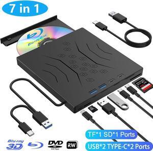 [7 in 1] External Blu-ray DVD Drive, USB 3.0 Type-C External Bluray/DVD Drive Burner with SD/TF Port -Support Disc R/W - External Disc Optical Drive Compatible with Windows XP/7/8/10/11, MacOS