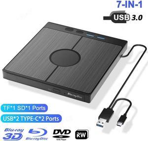 External Blu Ray CD DVD Drive, [7 in 1] USB 3.0 Type-C 3D Blu-ray DVD Burner Slim Optical External Bluray DVD Burner with SD/TF Card Slot 2 USB 3.0 & 2 Type-C Ports for Laptop PC Windows Linux MacOS