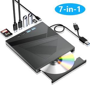 External CD DVD Drive, 7-in-1 USB 3.0 Type-C DVD Player for Laptop Portable Disk Drive Can for Burn Read Writer Disk Duplicator Compatible with Latptop PC Windows XP/7/8/10, Linux Mac OS