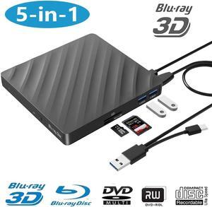 [5-in-1] External Blu Ray Drive, USB 3.0 Type-C External blu ray Burner Slim Optical CD DVD Drive Burner with SD/TF Card Reader/2 USB 3.0 Hubs for PC Windows XP/7/8/10, MacOS, Laptop, Desktop (Black)