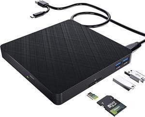 5 in 1 External CD DVD Drive, USB 3.0 & Type-C Portable CD DVD Burner with SD/TF Card Reader and 2 USB Ports, External Optical CD/DVD Drives for PC Desktop/Laptop/Linux/Mac/Windows 11/10/8/7 (Black)