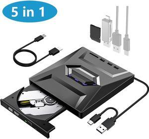 External CD/DVD Drive for Laptop - [5 in 1] External CD DVD Drive with SD/TF Card Slot USB 3.0 Type A/Type C DVD Player Portable External DVD Burner for Laptop Mac Os Vista Windows 11/10/8.1/8/7 Linux