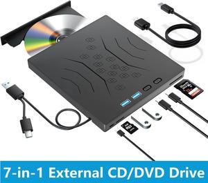 [7 in 1] External CD/DVD Drive for Laptop USB 3.0 & Type-C, Portable CD/DVD +/-RW Disk Drive, CD/DVD Burner CD ROM External Optical DVD Drive for Laptop Desktop PC Windows 7/8/10/XP Mac Linux