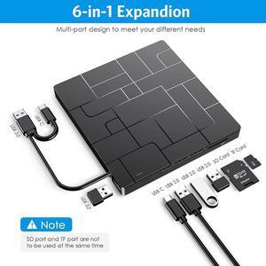 [6 in 1] External CD DVD Drive, Type C&USB 3.0 External CD DVD Burner for Laptop with 4 USB Ports&2 SD Card Slots&1 Type-C Ports, CD/DVD ROM +/-RW Optical Disk Drive for Windows 11/10/8/7 Linux Mac OS