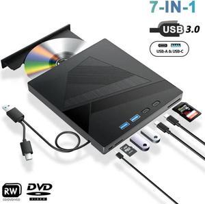 7-in-1 External CD/DVD Drive for Laptop, USB 3.0 and Type-C Portable DVD Player CD/DVD +/-RW Burner,Reader Rewriter Writer Disk Duplicator Compatible with Windows XP/7/8/10, Linux MacOS