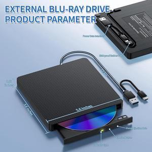 External Blu-ray Drive, USB 3.0 and Type-C External CD/DVD Burner, BD Player with 3D Bluray Playback - Portable Blu-ray Drive Optical DVD Drive Compatible with Windows, Linux, Mac OS (Black)