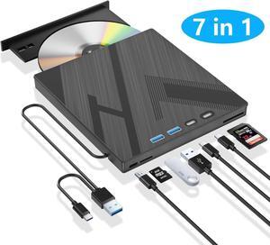 [7 in 1] External DVD Drive, External CD/DVD Drive for Laptop with 4 USB Port & SD/TF Port, DVD Player CD DVD Burner USB 3.0/Type C, CD ROM External CD DVD Drive for PC Laptop Windows Linux Mac