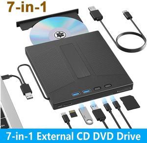 External CD/DVD Drive, 7 in 1 External USB DVD Drive with 2 USB A + 2 Type C and TF/SD Card Slots CD Optical Drive for Laptop, CD Reader for PC Compatible with Windows XP/11/10/8/7 Linux Mac OS