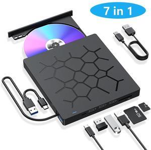 External CD/DVD Drive for Laptop, 7 IN 1 USB 3.0 Type C Portable DVD Player, CD ROM Burner Writer,External Disk Drive, Optical Drive Compatible with Laptop, PC, Mac-Book, Windows, Mac, Linux OS
