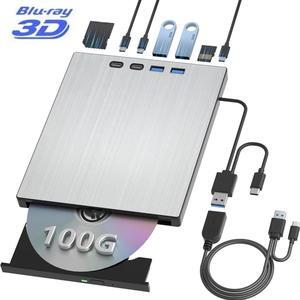External Blu ray Drive for Laptop, 7 in 1 External CD/DVD Drive Portable Blu Ray Burner USB 3.0 Type-C CD/BD Disc Drives Support 100G Bluray/DVD Drive Compatible with Windows Linux Mac OS