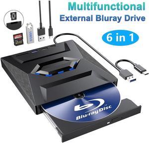 [6 in 1] External Blu Ray Drive, Portable Bluray Player Writer Reader,CD Burner with USB 3.0 Type C Port & SD Card, DVD & CD-ROM +/-RW, External Blu-Ray Drives for PC Laptop Windows Mac Linux