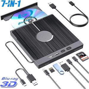 External Bluray Drive [7 in 1], Portable Blu-ray DVD Burner with USB 3.0/Type-C/SD/TF Card Ports, Support 100G Disc R/W for PC Compatible with Windows XP/7/8/10/11 Mac Laptop Desktop