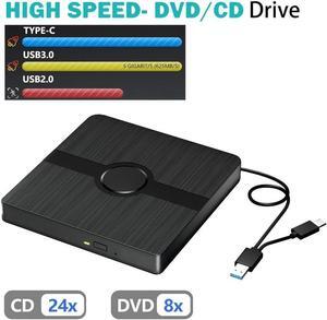External CD DVD Drive for Laptop, USB 3.0 & Type-C Slim Portable External CD/DVD +/-Rw Drive Writer Reader Burner Disk Drive CD Player for Desktop PC Windows 11/10/8/7/XP Vista, Linux, MacOS