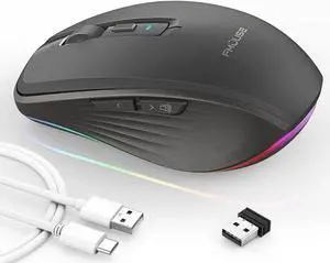 Rechargeable Wireless Mouse, Silent Mouse with RGB Lights Gaming Mice, 2.4G Wireless & Bluetooth 5.1 Dual Mode 2400 DPI USB-C 700mAh Battery, Ergonomic Mouse for PC, Computer, Laptop, Desktop (Black)
