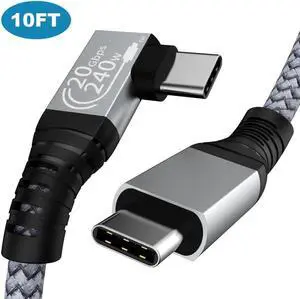 240W USB C to USB C Cable 10ft, USB C 3.2 Gen 2 Cable 20Gbps Data, 90 Degree Right Angle Thunderbolt 3 USB C to C Cable, 4K@60Hz Video Cord to Compatible with USB-C MacBook, i-Pad Pro, Monitor etc.