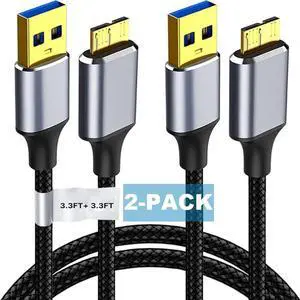 Micro B to USB 3.0 Cable [3.3FT, 2 PACK], USB 3.0 USB A to Micro B Cable, Nylon Braided Cord Support Charge & Data Sync for S5/Note 3, Camera, Toshiba, Seagate Hard Drive, WD Hard Drive etc..