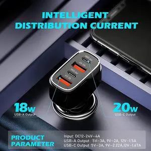 4 Ports USB C Car Charger 40W Fast Charging Cigarette Lighter Adapter, Dual QC 3.0 18W & PD 20W Android Car Phone Charger Compatible with IOS Android Smartphones...