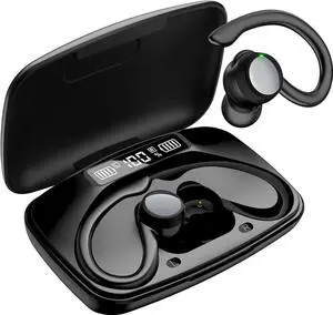 True Wireless Earbuds, Bluetooth Headphones 120H Playback Wireless Sports Earbuds with Over Ear Earhooks LED Display Charging Case IPX7 Waterproof Bluetooth Earphones for Running Workout, Black