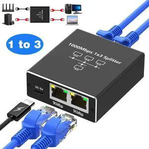 RJ45 Ethernet Splitter 1 to 3 Out, 1000Mbps Network Splitter with USB Power Cable, Gigabit LAN Internet Splitter Connector for Cat 5/5e/6/7/8, Support Two Devices Working Simultaneously