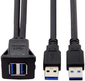 Aomoproing 1m Waterproof Dual USB 3.0 Extension Latch Mount Car AUX Cable for Dashboard Panel