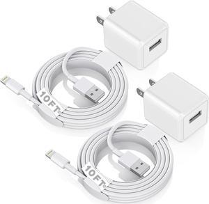 iPhone Charger 10ft, [MFi Certified] Long Lightning Cable Data Sync Charging Cords with USB Wall Charger Travel Plug Adapter for iPhone 13 12 11 Pro Max/SE 2020/X/XR/8/7/6/iPad and More(2Pack)