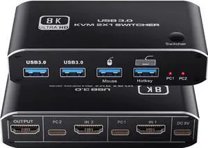 8K @60Hz HDMI2.1 KVM Switch 2 in 1 Out, 2 Port HDMI 2.1 USB KVM Switch for 2PC Shares 1 Set Mouse, Keyboard and Monitor, Support 8K @60Hz, 4K @120Hz, Hotkey, 4x USB 3.0 Port, HDMI2.1 in/Out Port