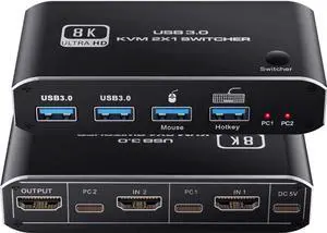 8K @60Hz HDMI2.1 KVM Switch 2 in 1 Out, 2 Port HDMI 2.1 USB KVM Switch for 2PC Shares 1 Set Mouse, Keyboard and Monitor, Support 8K @60Hz, 4K @120Hz, Hotkey, 4x USB 3.0 Port, HDMI2.1 in/Out Port