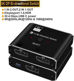 DisplayPort Switch DP 1.4 Switcher 8K,DisplayPort 1.4 Switch 2 in 1 Out Bi-Directional 8K@30Hz/4K@120Hz/1080P @ 240Hz DP KVM Splitter 1 in 2 Out(not Work simultaneously)