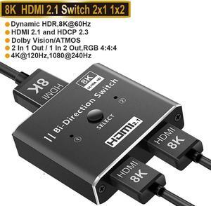 HDMI Switch 4K 120Hz, 8K HDMI 2.1 Switch Splitter 2 in 1 Out/1 in 2 Out, Aluminum Alloy Bi-Directional Switcher Support Ultra HD 8K@60Hz 4K@144Hz High Speed 48Gbps for PS4, PS5, Xbox Series X